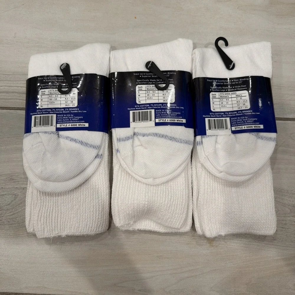Extra Wide Comfort Fit Athletic Socks 3 Pair White SMALL 6E Width Style 6000 USA